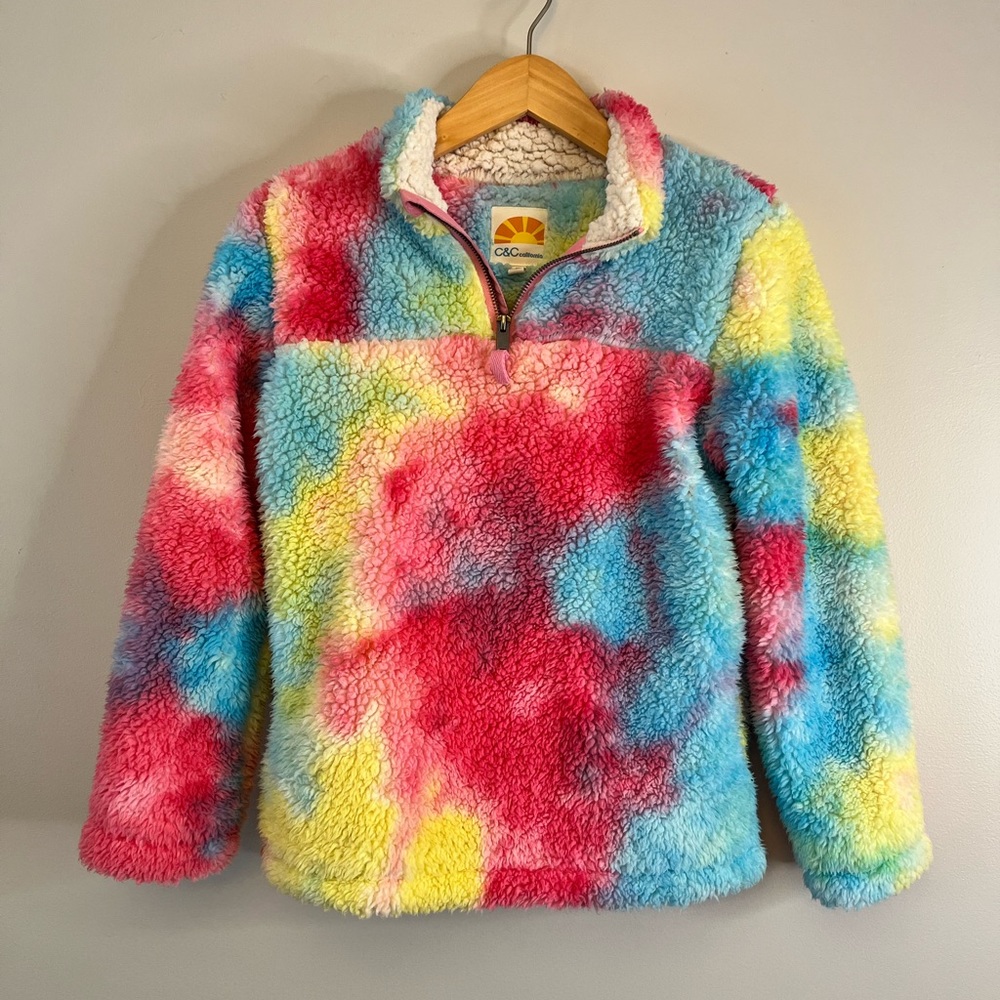 C&C California tie dye size 12 Girls faux fur pullover with pockets